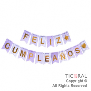 BANDERIN FELIZ CUMPLEA�OS DISE�OS TONOS DOBLE LILA Y VIOLETA x 1